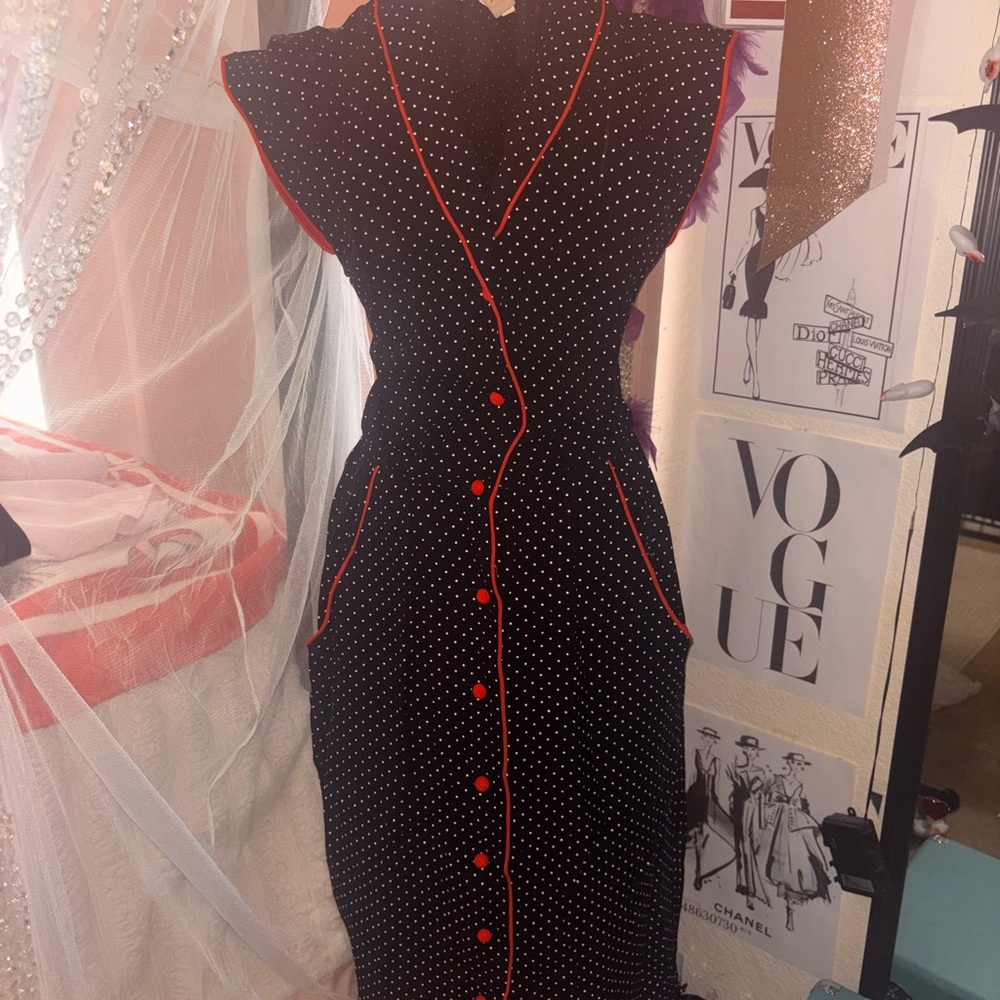 Together Black Dress with White Dots and Red Trim
